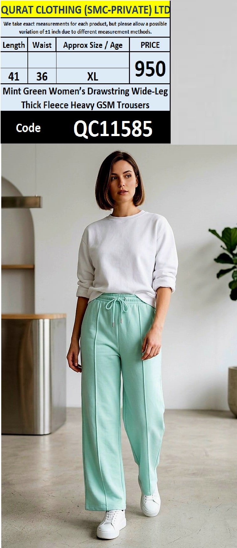 Mint Green Women’s Drawstring Wide-Leg Thick Fleece Heavy GSM Trousers QC11585