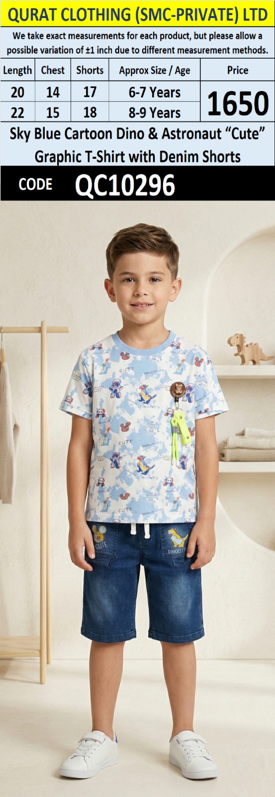 Sky Blue Cartoon Dino & Astronaut “Cute” Graphic T-Shirt with Denim Shorts QC10296 - QC10296
