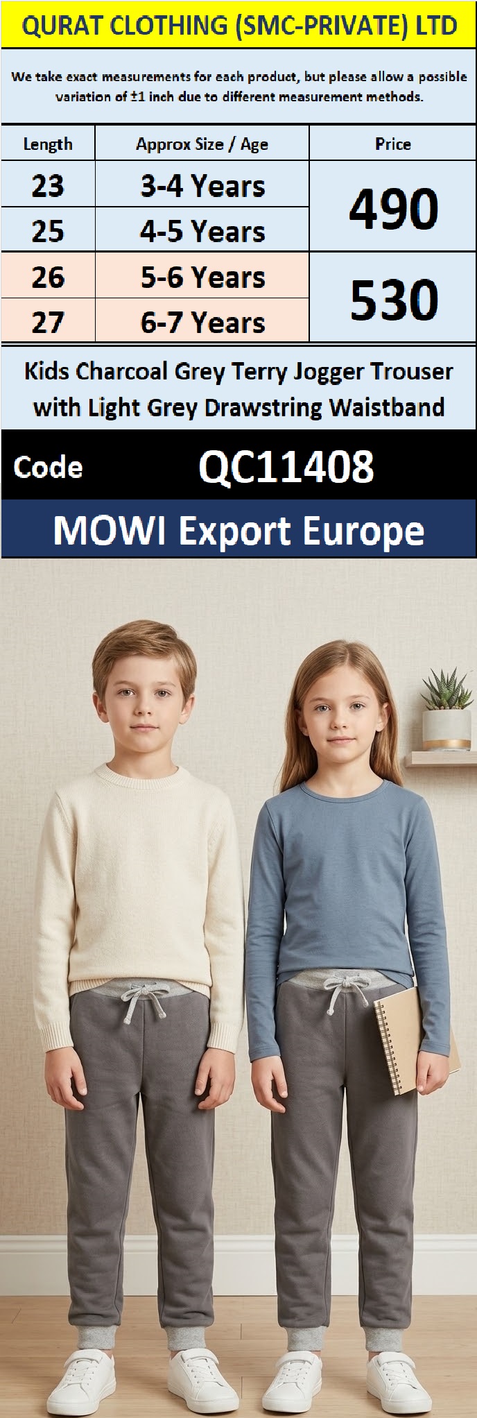 MOWI Export Europe Kids Charcoal Grey Terry Jogger Trouser with Light Grey Drawstring Waistband – QC11408