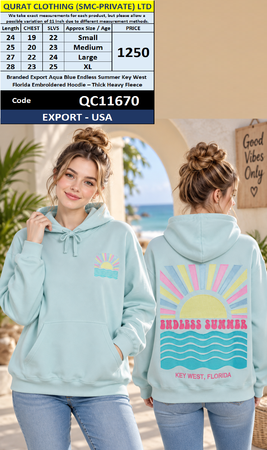 Branded Export Aqua Blue Endless Summer Key West Florida Embroidered Hoodie – Thick Heavy Fleece – Export USA – QC11670