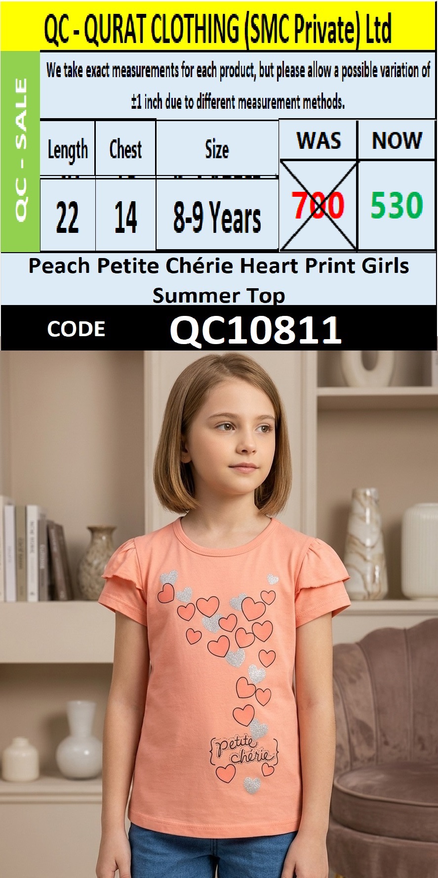 Peach Petite Chérie Heart Print Girls Summer Top QC10811