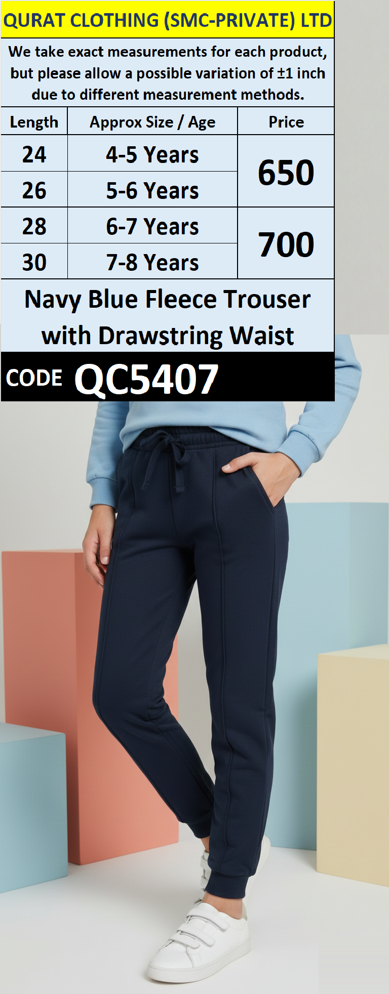 Navy Blue Fleece Trouser with Drawstring Waist for Kids QC5407