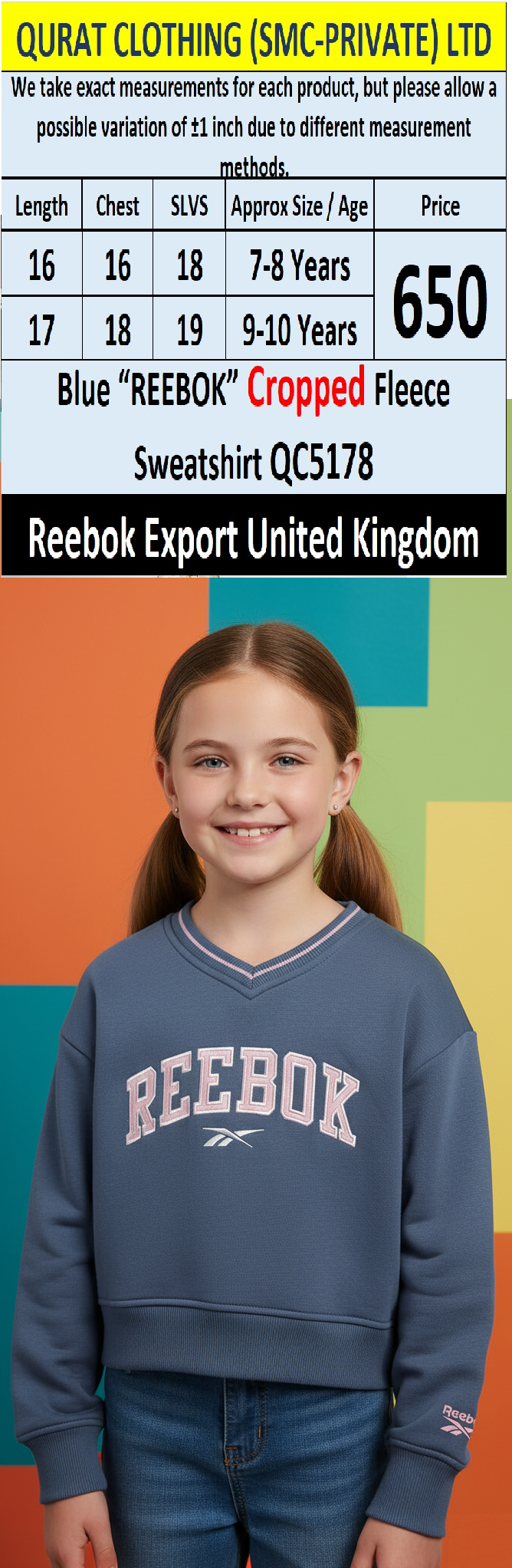 Reebok Brand Blue “REEBOK” Cropped Fleece Sweatshirt QC5178 – Export United Kingdom