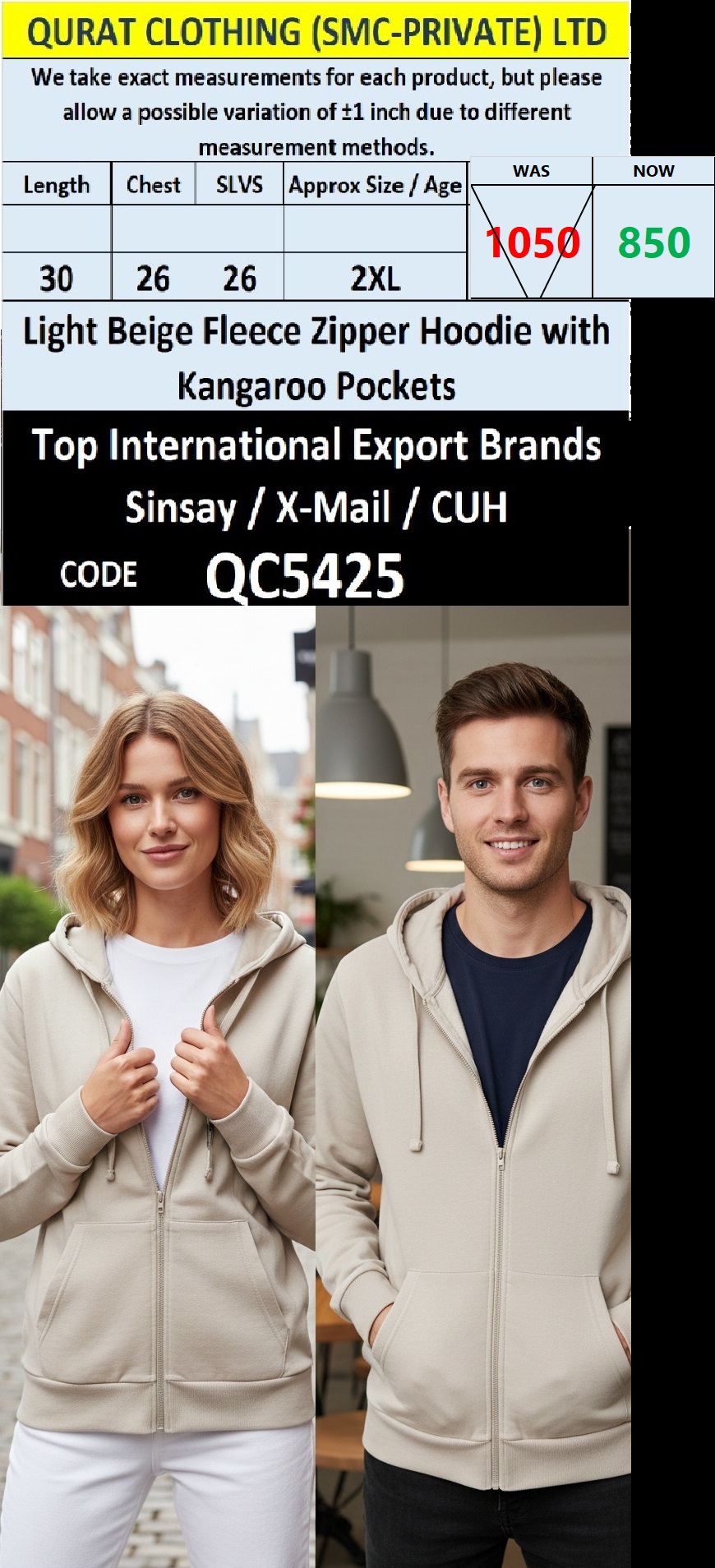 Light Beige Fleece Zipper Hoodie with Kangaroo Pockets QC5425