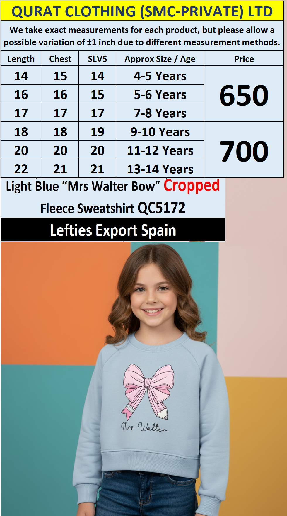 Lefties Brand Light Blue “Mrs Walter Bow” Cropped Fleece Sweatshirt QC5172 – Export Spain