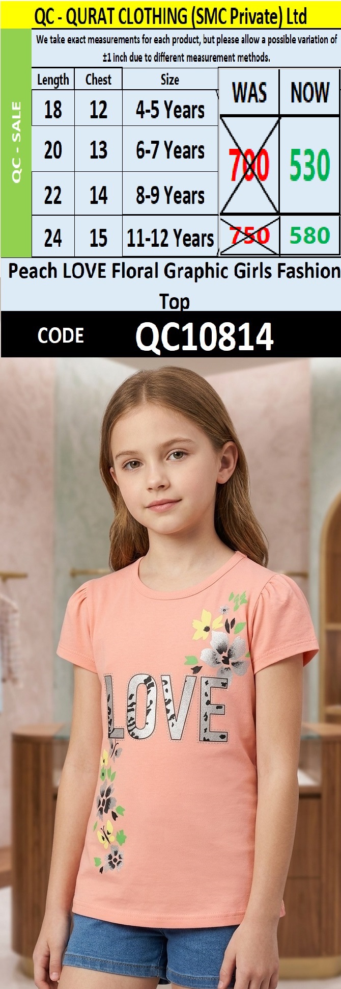 Peach LOVE Floral Graphic Girls Fashion Top QC10814