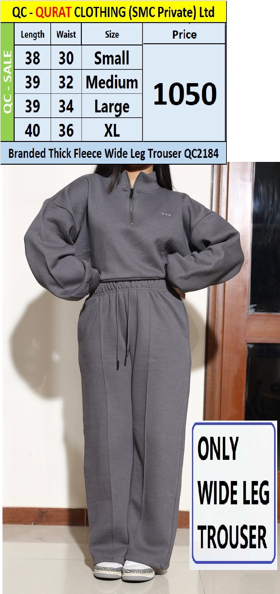 Branded Thick Fleece Grey Wide Leg Trouser QC2184