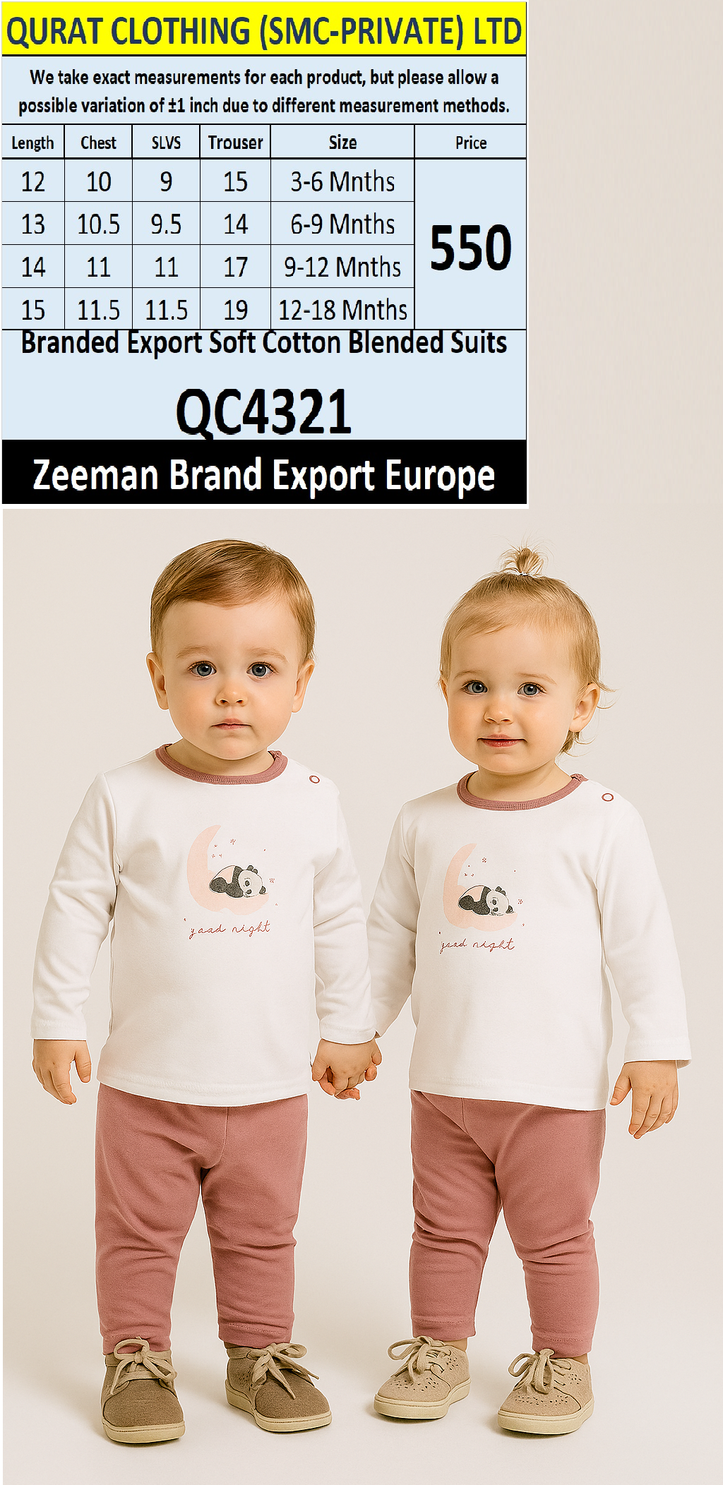 Zeeman Brand Unisex Soft Cotton Blended Suits QC4321 Export Europe 