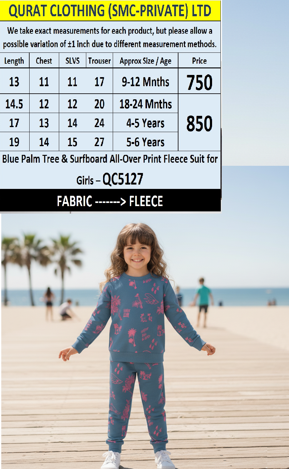Blue Palm Tree & Surfboard All-Over Print Fleece Suit for Girls – QC5127