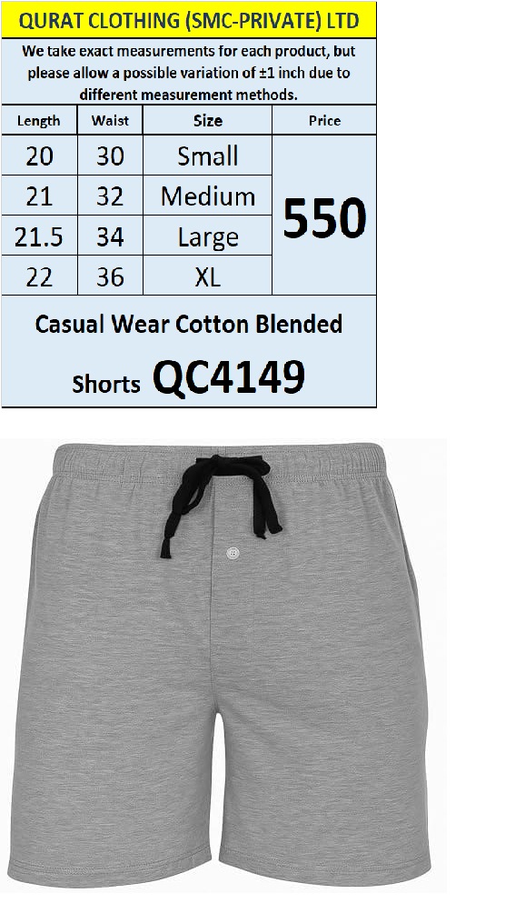 Grey Casual Wear Cotton Blended Shorts QC4149