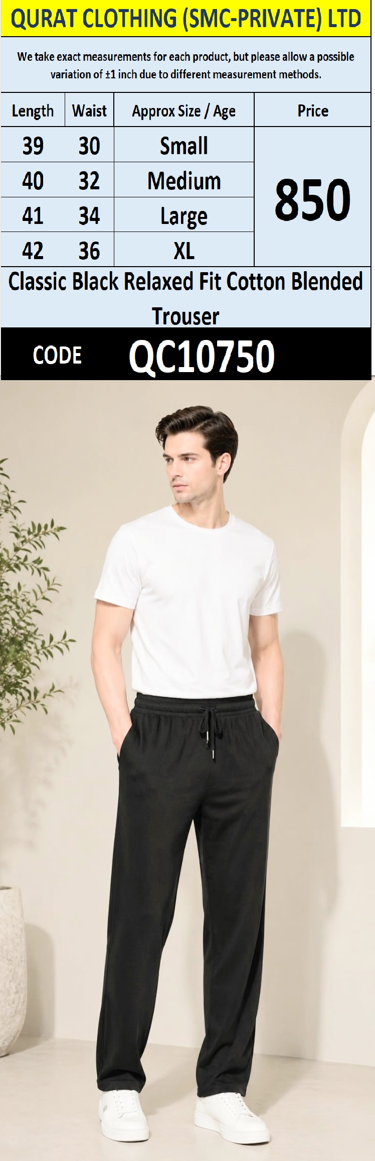 Classic Black Relaxed Fit Cotton Blended Trouser QC10750
