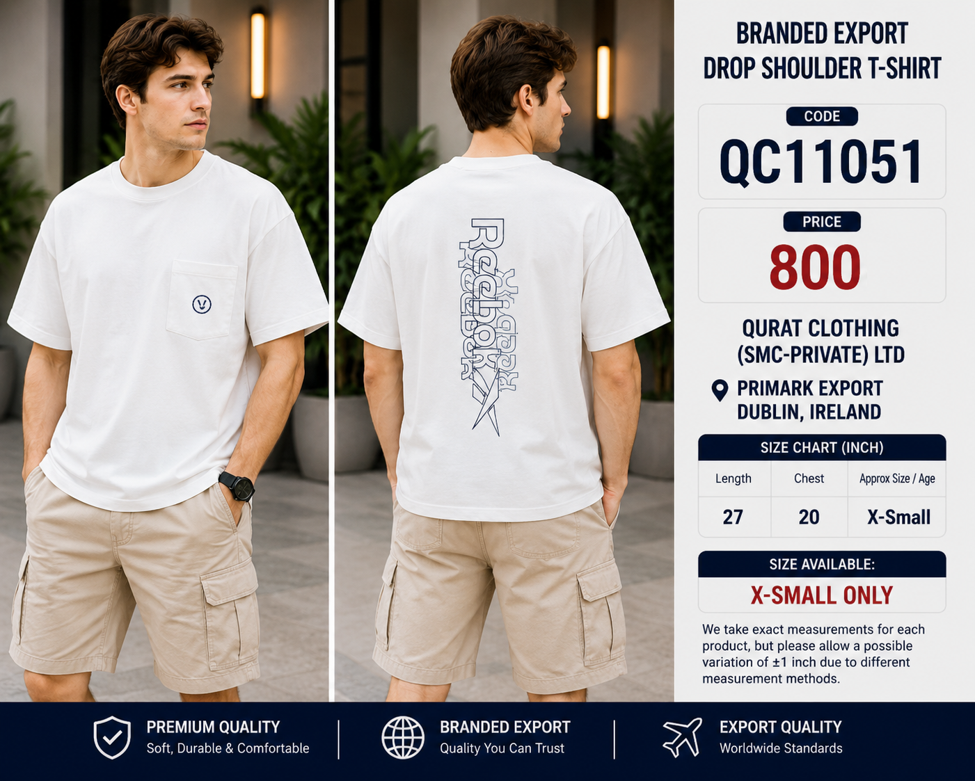White Pocket Back Graphic Branded Export Drop Shoulder T-Shirt QC11051 – Primark Export Dublin Ireland