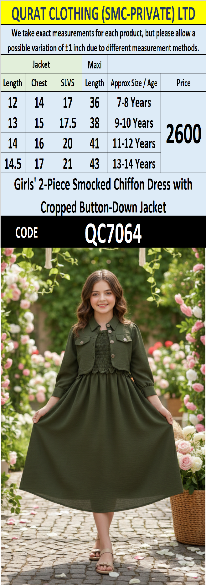 Girls Olive Green Smocked Chiffon Maxi Dress with Cropped Button-Down Jacket – 2 Piece Formal Set QC7064 - QC7064