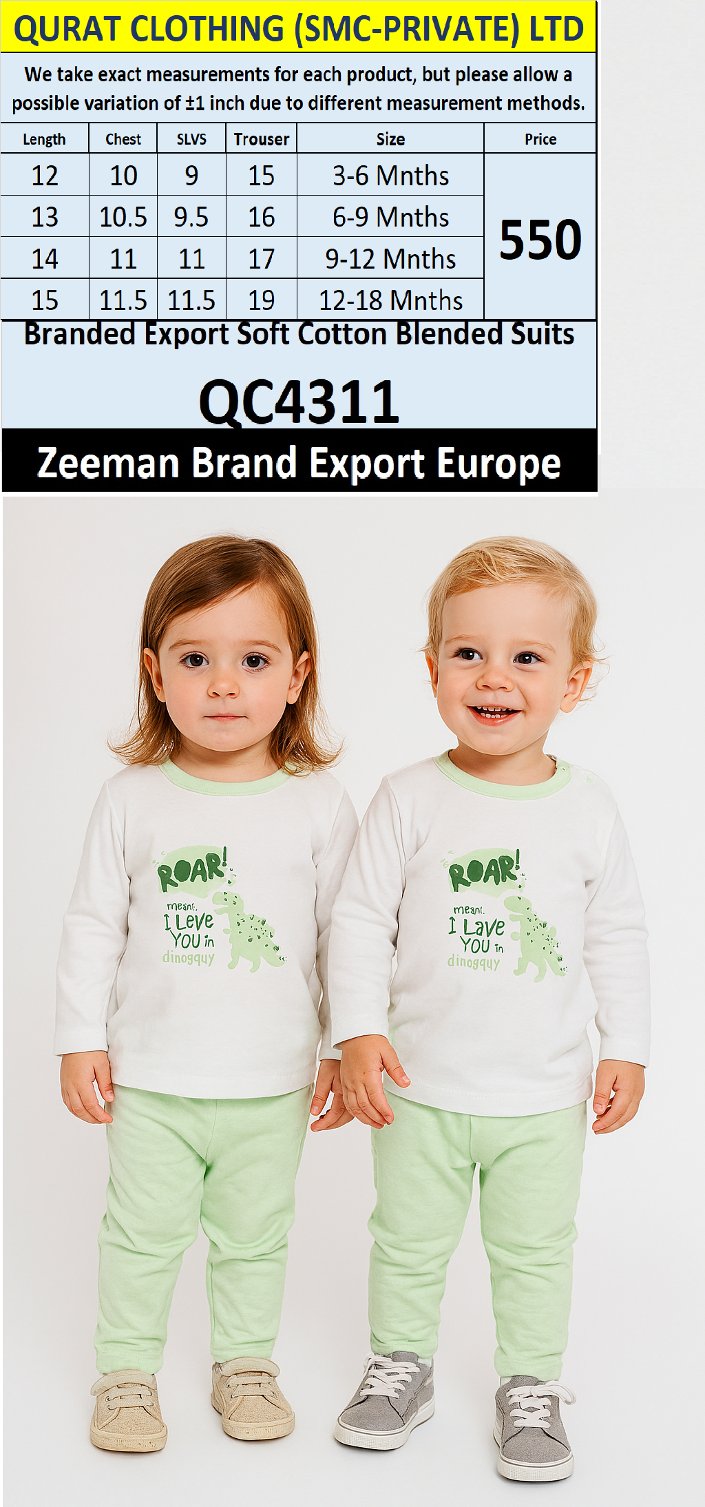 Zeeman Brand Unisex Soft Cotton Blended Suits QC4311 Export Europe 