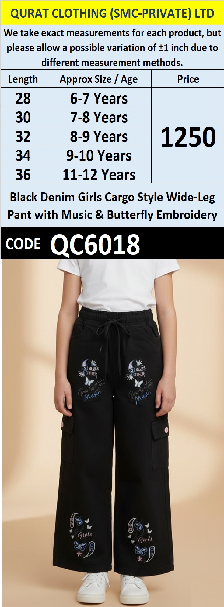 Black Denim Girls Cargo Wide-Leg Trouser Music & Butterfly Printed Embroidery – QC6018