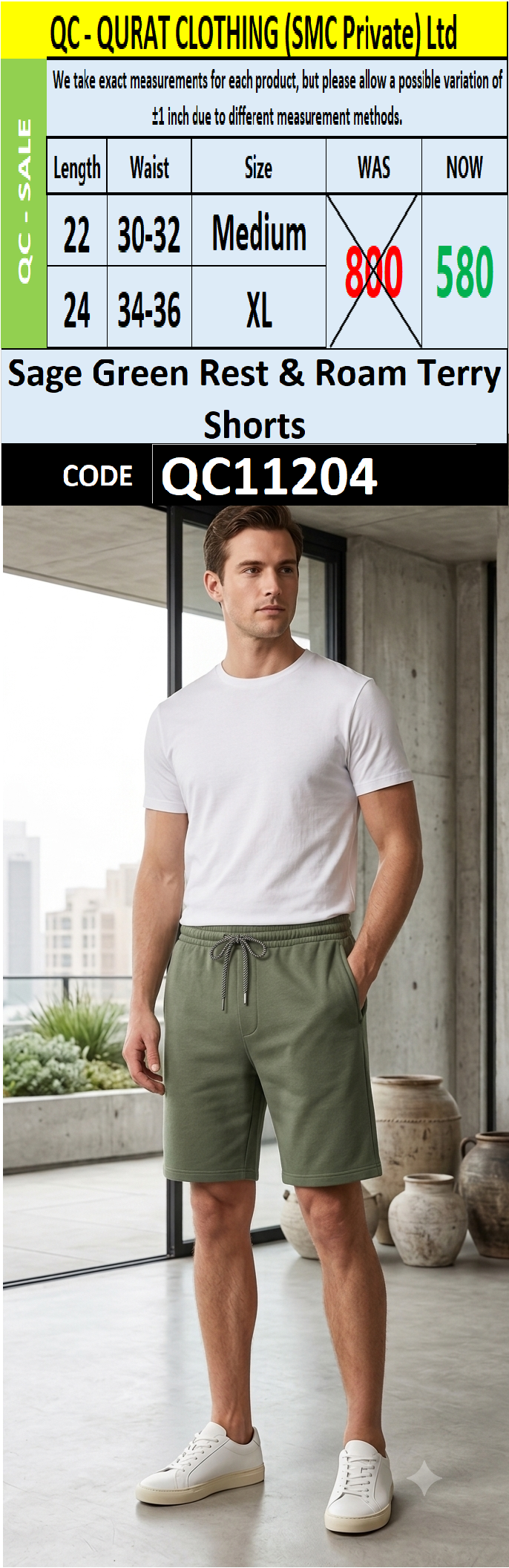 Sage Green Rest & Roam Terry Shorts- QC11204