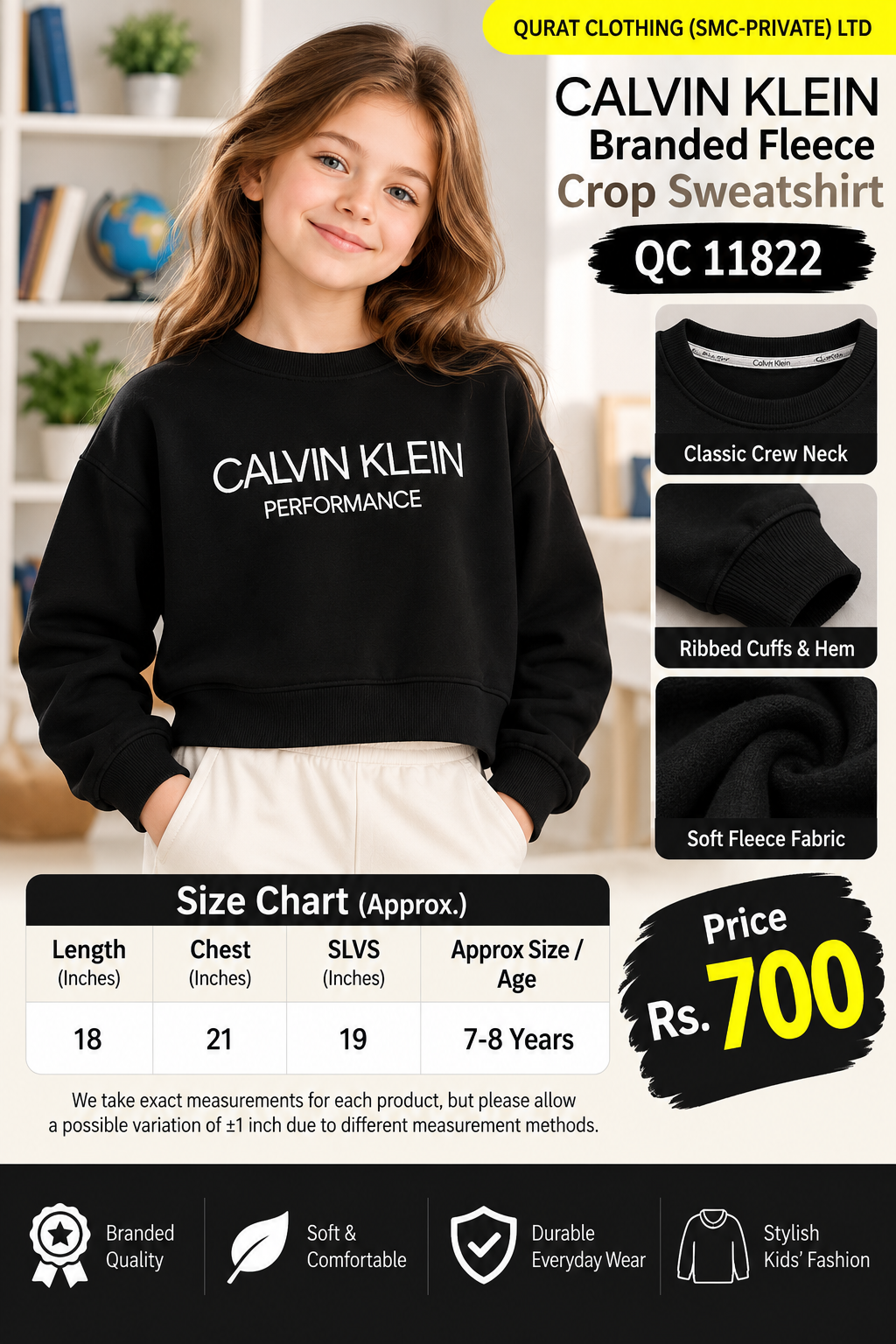Calvin Klein Branded Black Fleece Crop Sweatshirt with white Calvin Klein Performance lettering — QC11822