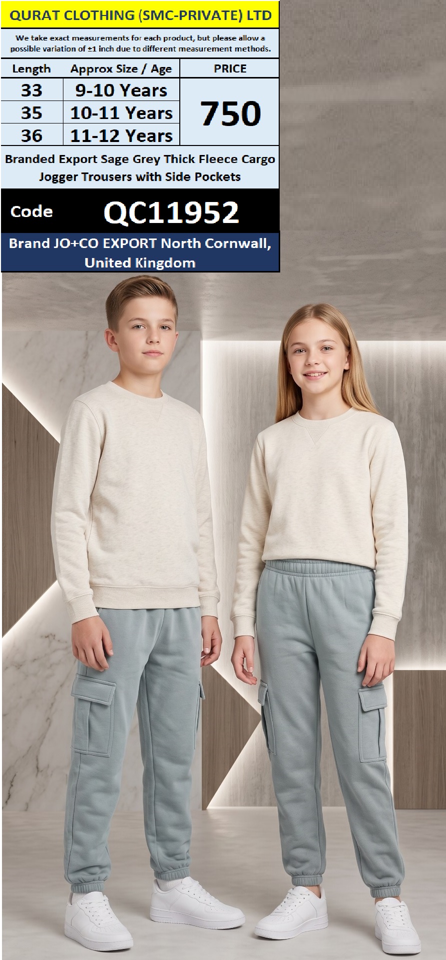 JO+CO Export United Kingdom Branded Export Sage Grey Thick Fleece Cargo Jogger Trousers with Side Pockets – QC11952