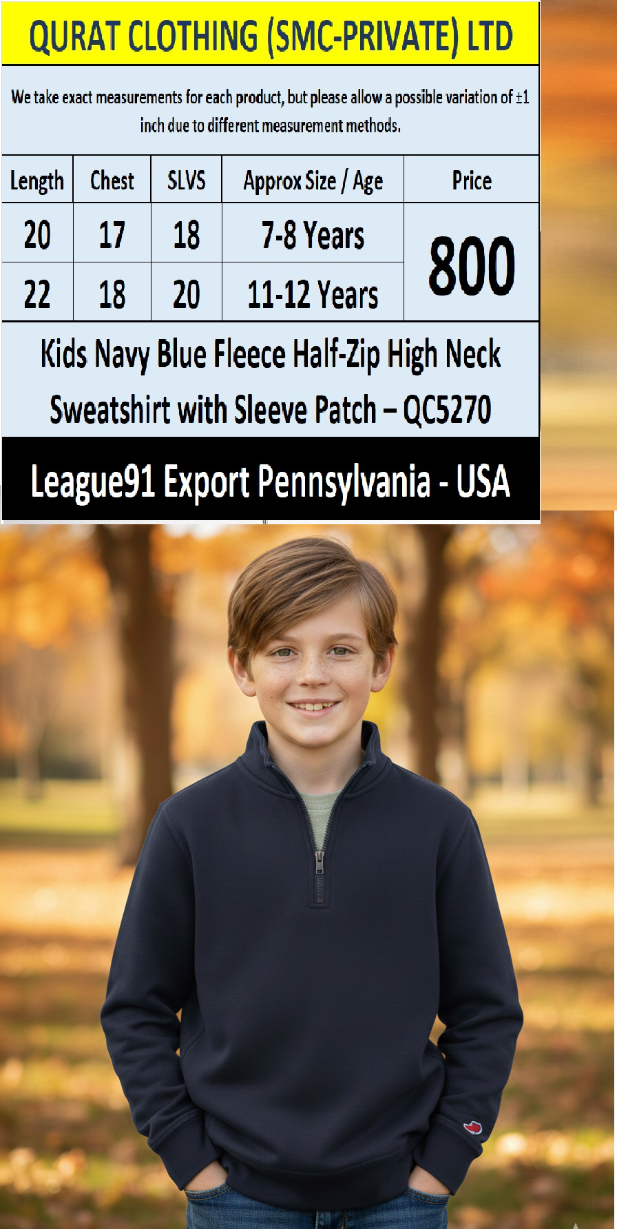League91 Navy Blue Fleece Half-Zip High Neck Kids Sweatshirt with Sleeve Patch – QC5270 – Export USA