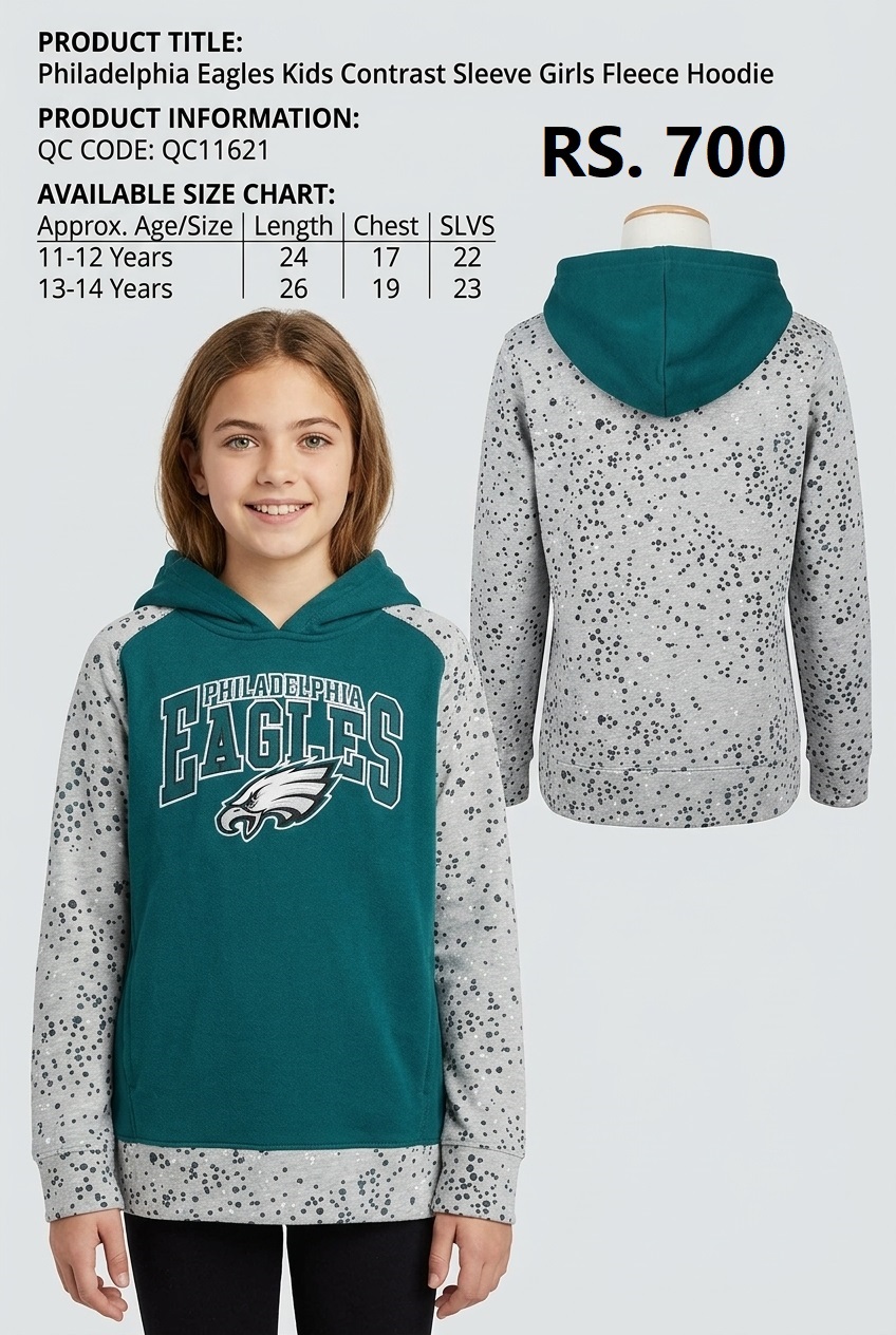 NFL Philadelphia Eagles Kids Contrast Sleeve Girls Fleece Hoodie – QC11621