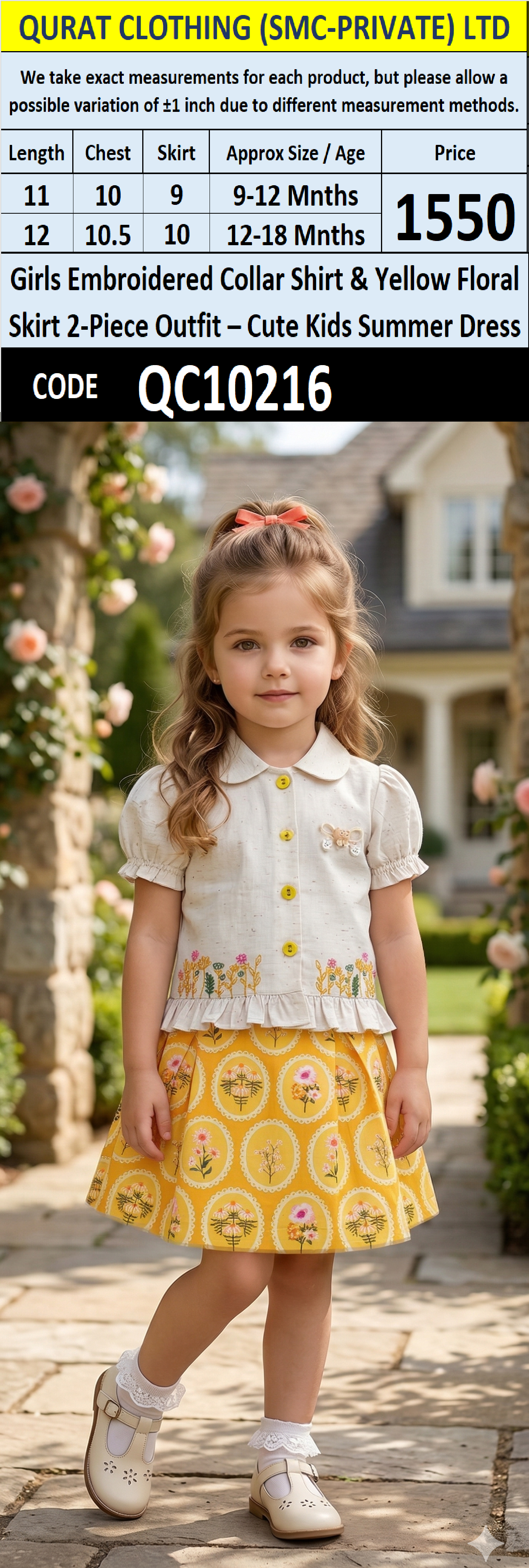 Girls Embroidered Collar Shirt & Yellow Floral Skirt 2-Piece Outfit – Cute Kids Summer Dress – QC10216 - QC10216