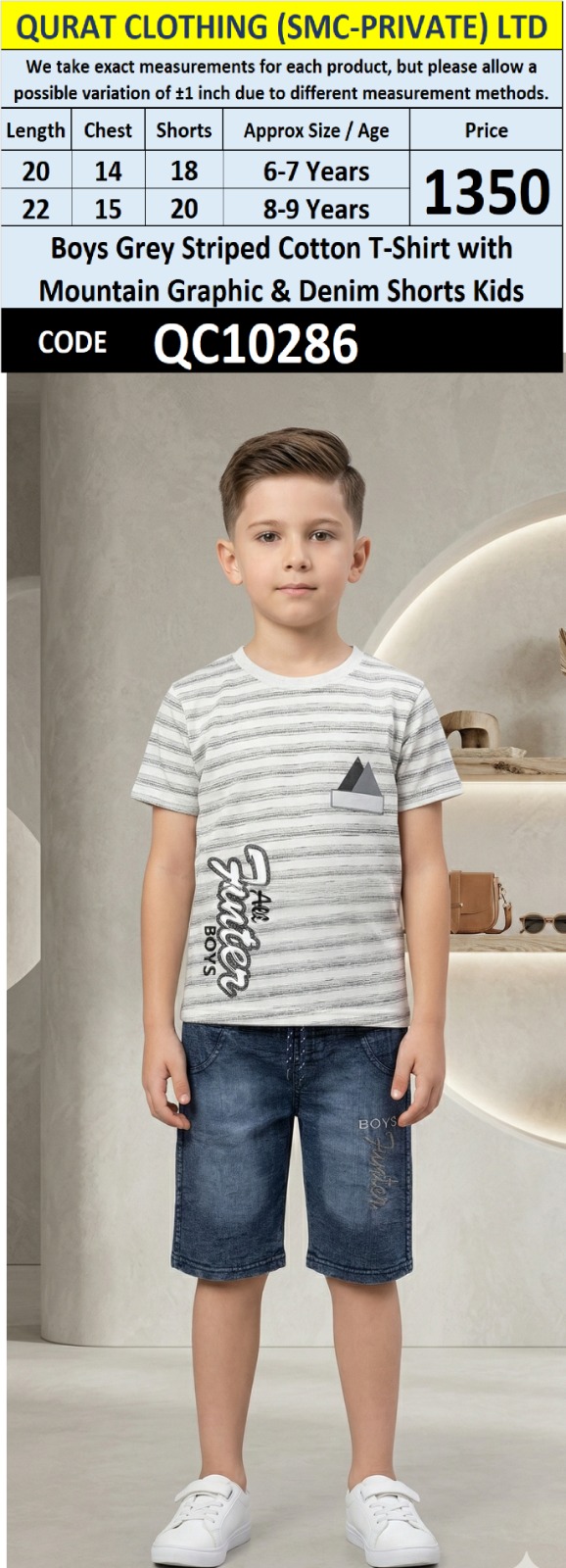 Boys Grey Striped Cotton T-Shirt with Mountain Graphic & Denim Shorts Kids QC10286
