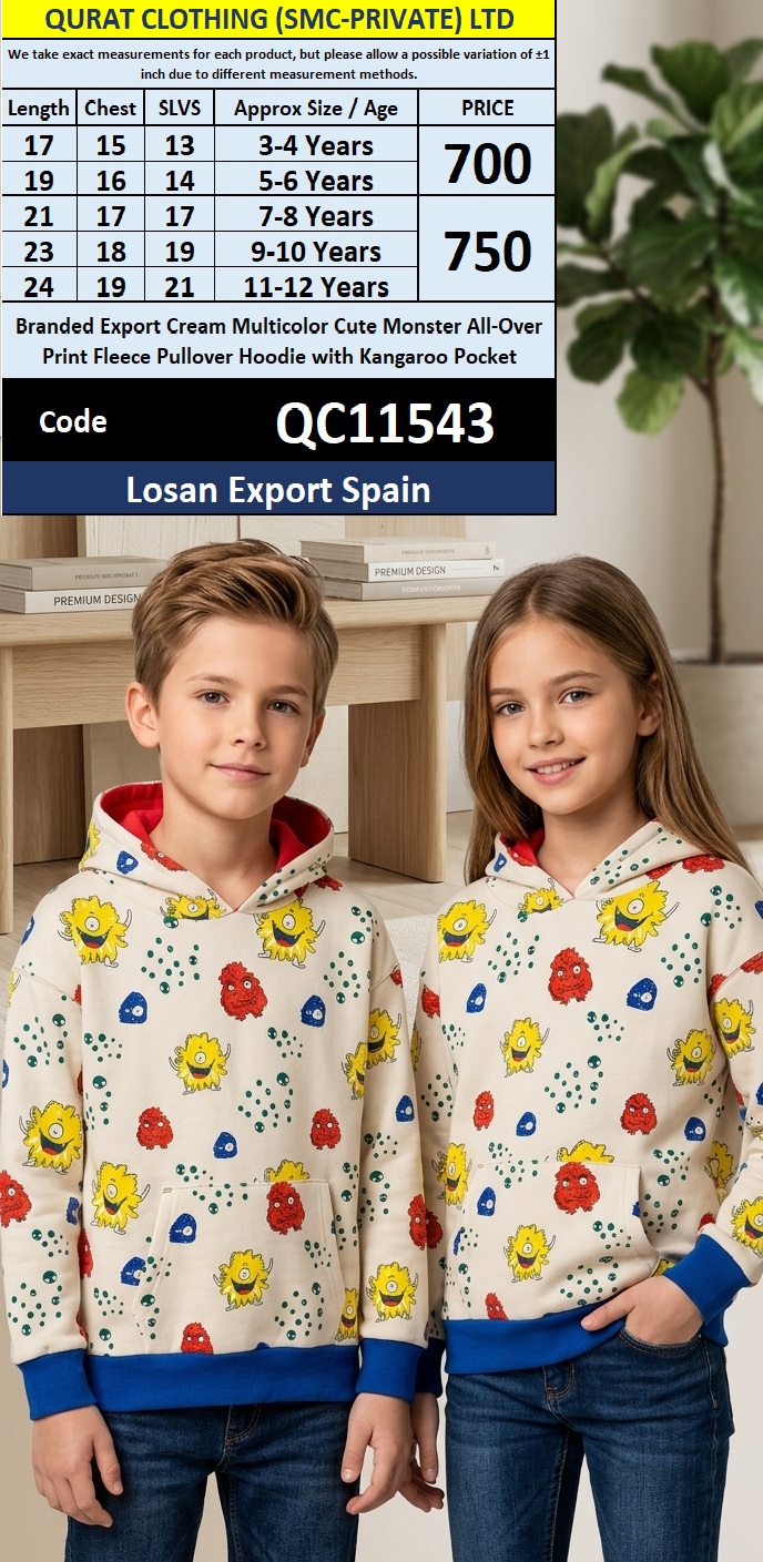Losan Export Spain Branded Cream Multicolor Cute Monster All-Over Print Fleece Pullover Hoodie with Kangaroo Pocket – QC11543