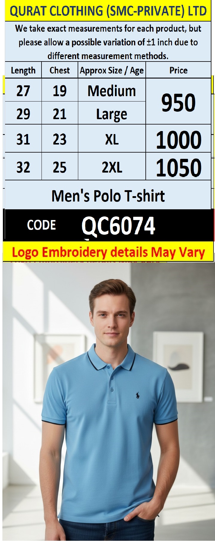 Sky Blue PK Cotton Piqué Polo T-Shirt Embroidered Logo Men’s Regular Fit – QC6074