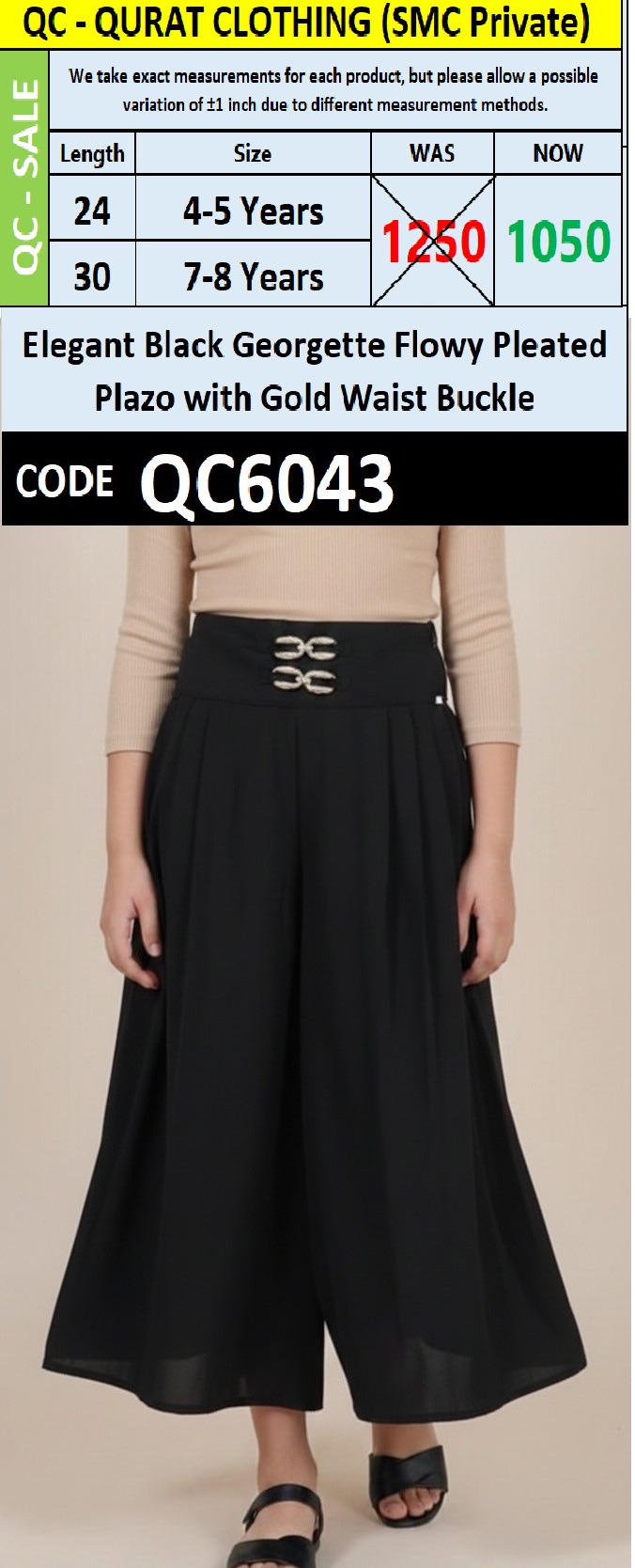 Elegant Black Georgette Flowing Pleated High-Waist Wide-Leg Plazo with Gold Waist Buckle – QC6043