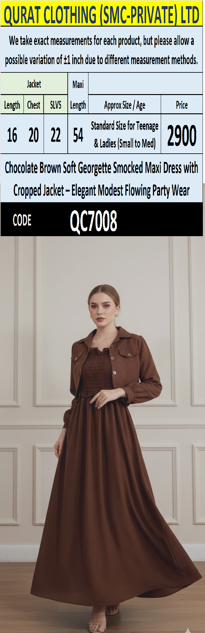 Chocolate Brown Soft Georgette Smocked Maxi Dress with Cropped Jacket – Elegant Modest Flowing Party Wear – QC7008 - QC7008