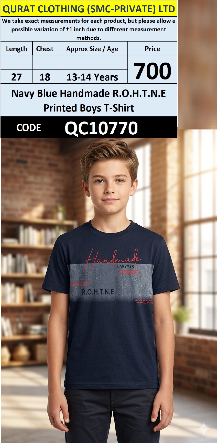 Navy Blue Handmade R.O.H.T.N.E Printed Boys T-Shirt QC10770.