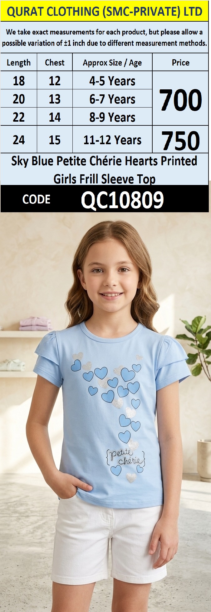 Sky Blue Petite Chérie Hearts Printed Girls Frill Sleeve Top QC10809