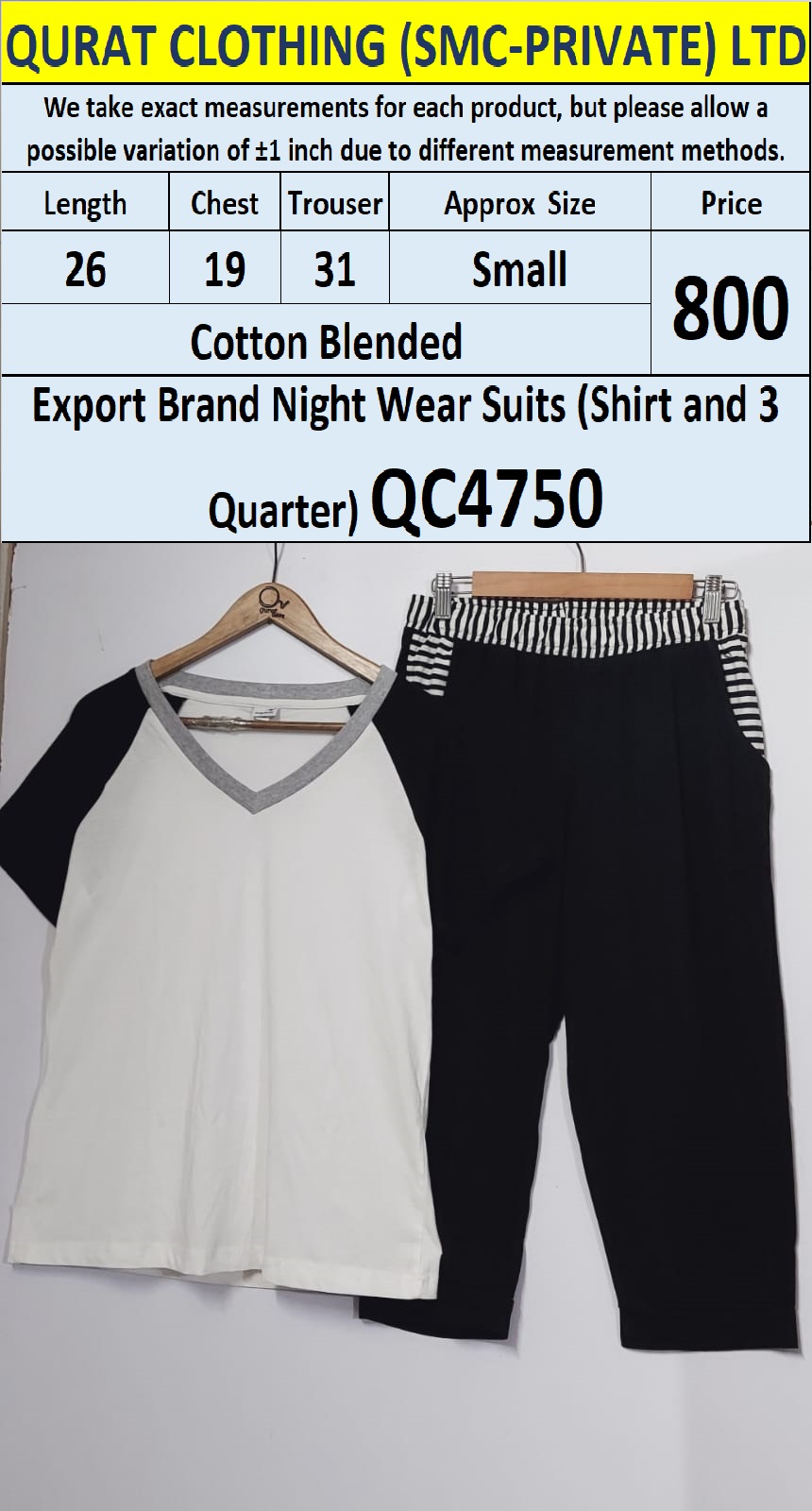 Cotton Blended Export Brand Night Suit QC4750