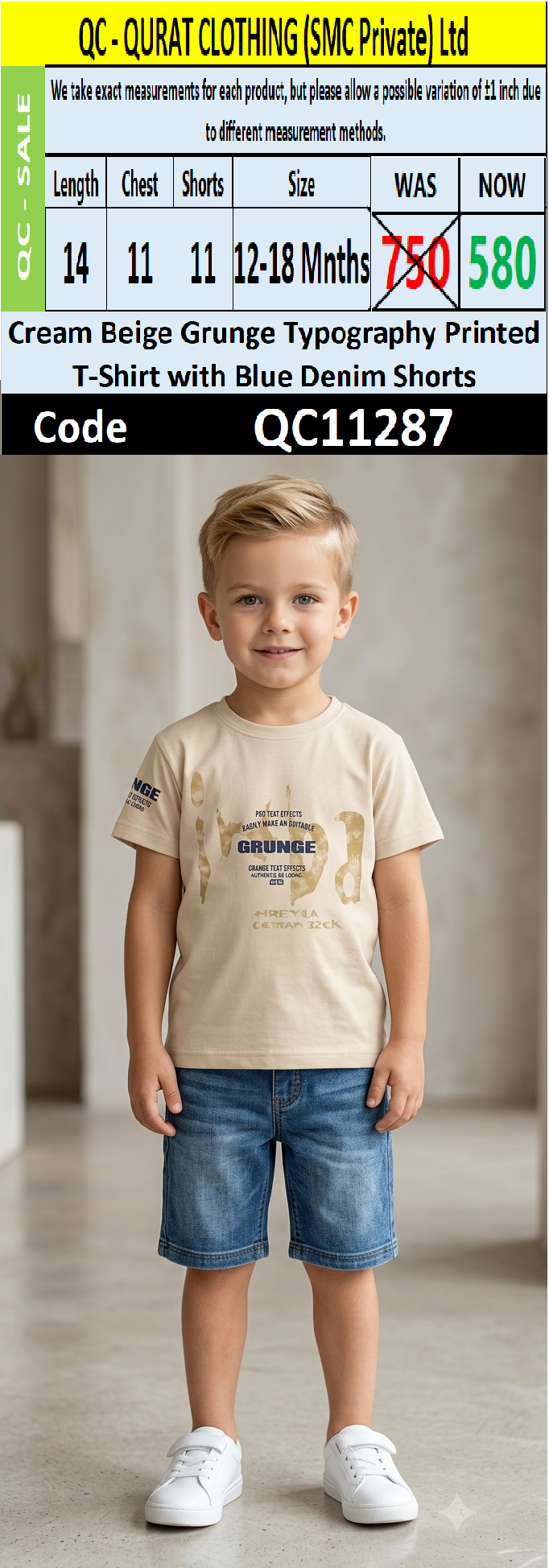 Cream Beige Grunge Typography Printed T-Shirt with Blue Denim Shorts – QC11287