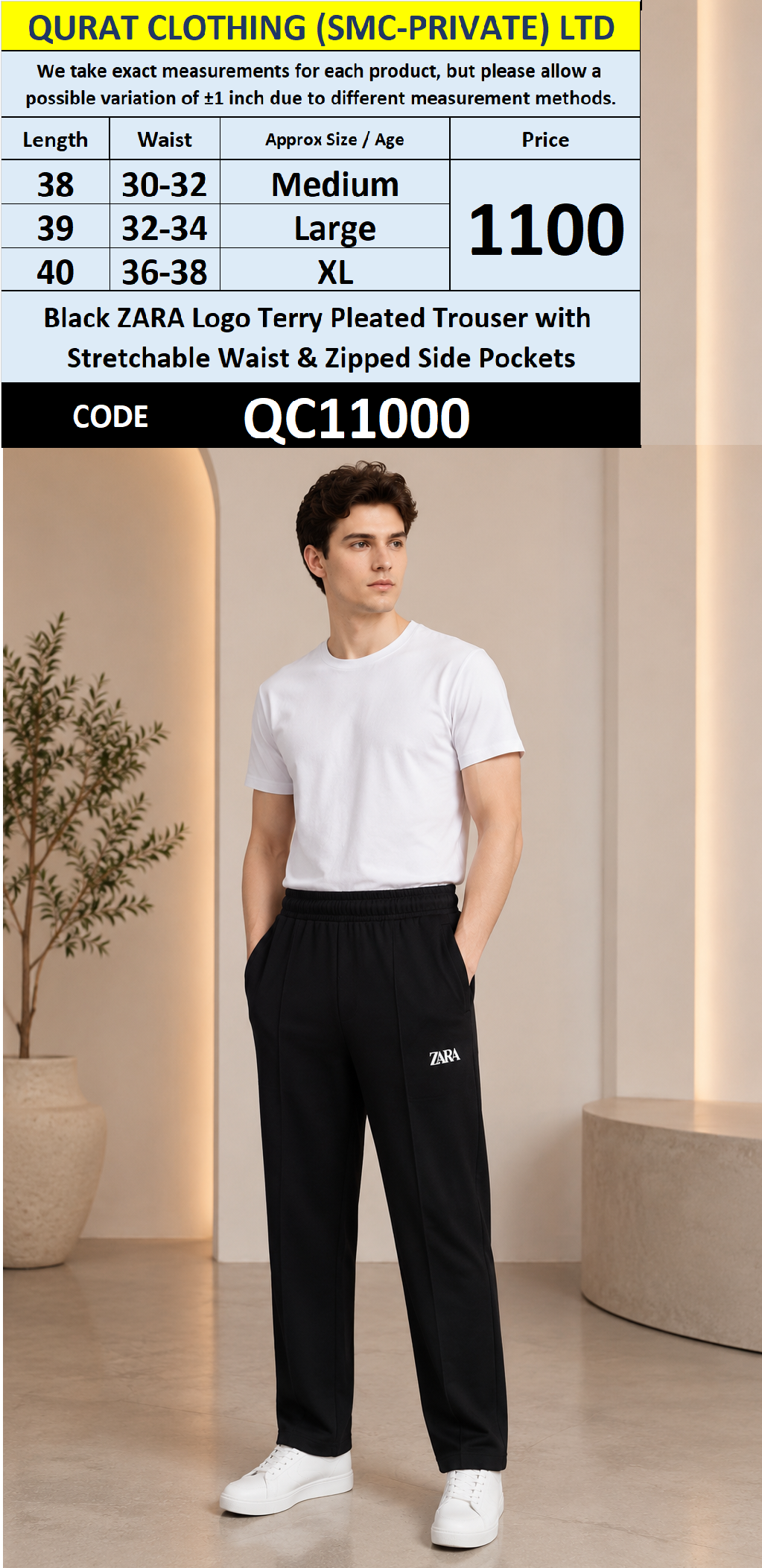 Black ZARA Logo Terry Pleated Trouser with Stretchable Waist & Zipped Side Pockets – QC11000