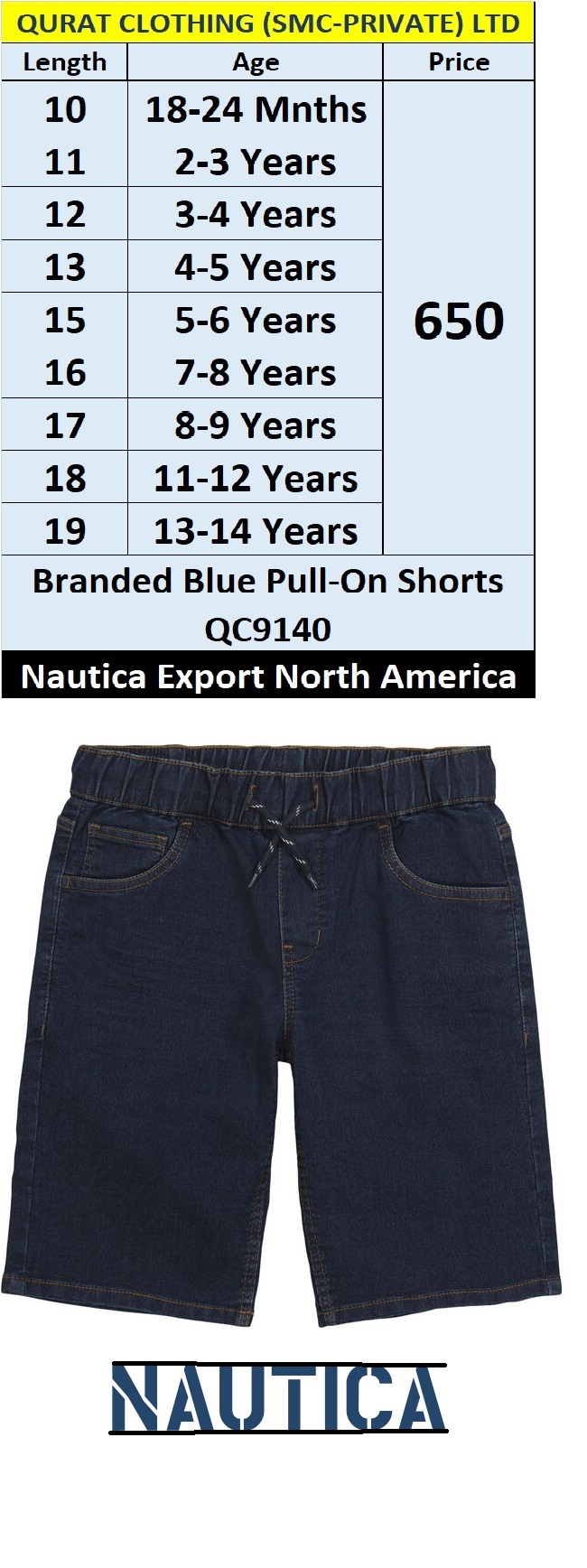 Nautica Brand Blue Denim Pull-on Shorts QC9140 Export North America