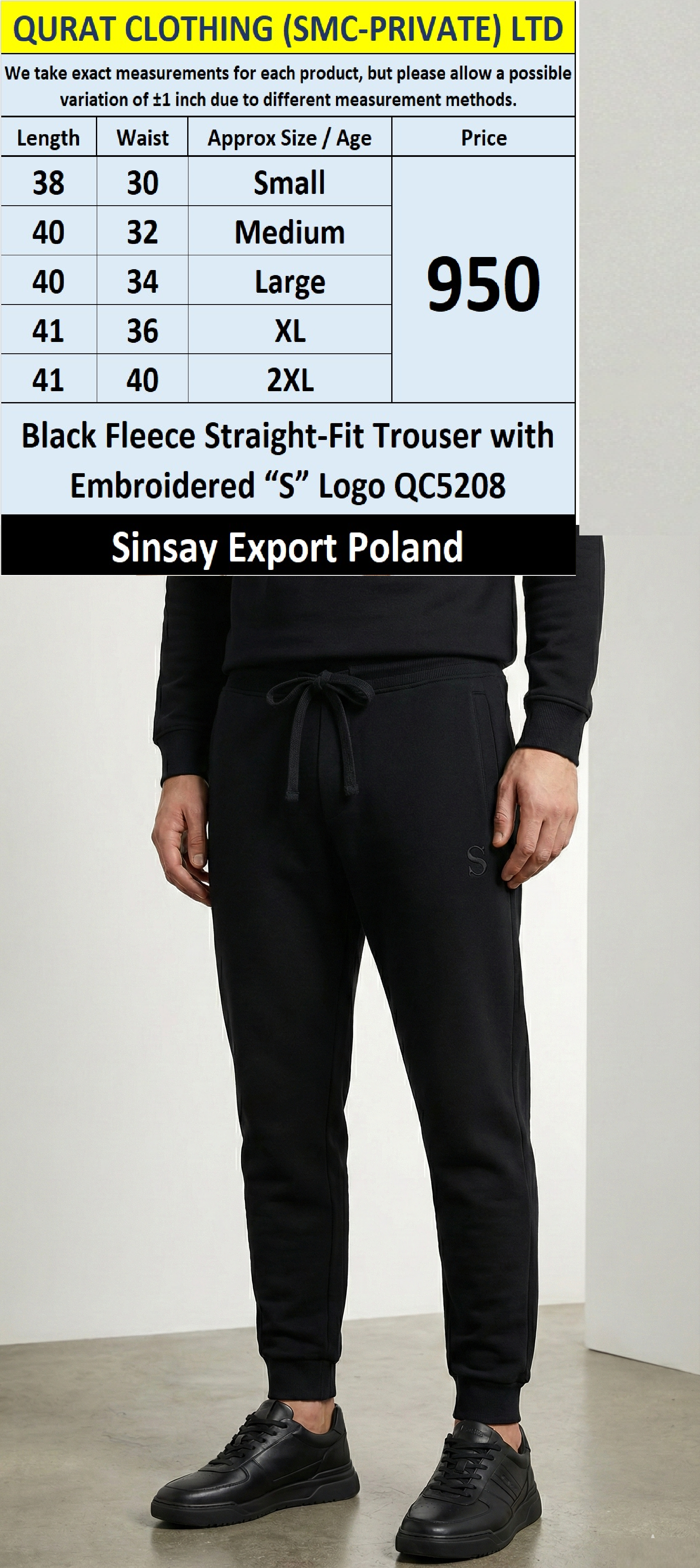 Black Fleece Straight-Fit Trouser with Embroidered “S” Logo QC5208 – Sinsay Export Poland