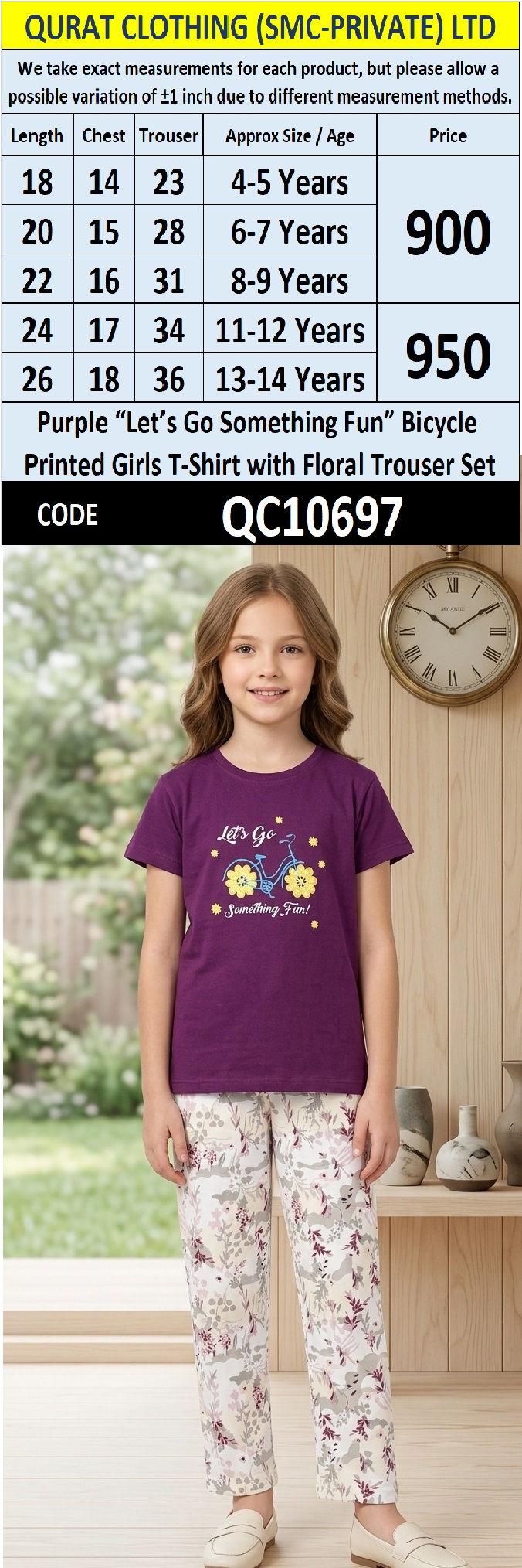 Purple “Let’s Go Something Fun” Bicycle Printed Girls T-Shirt with Floral Trouser Set – QC10697