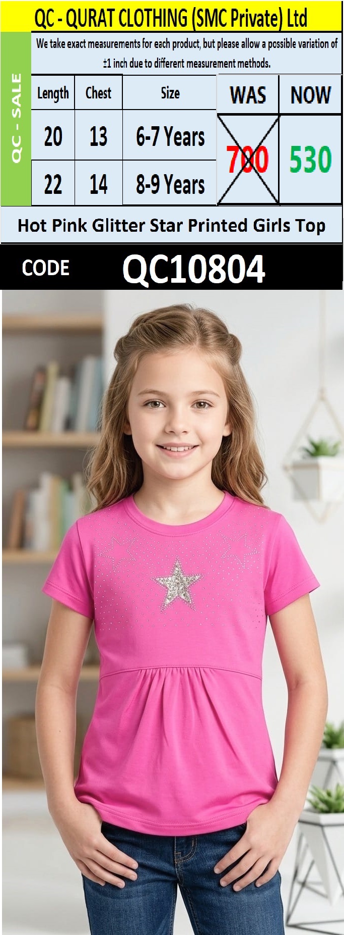 Hot Pink Glitter Star Printed Girls Top QC10804