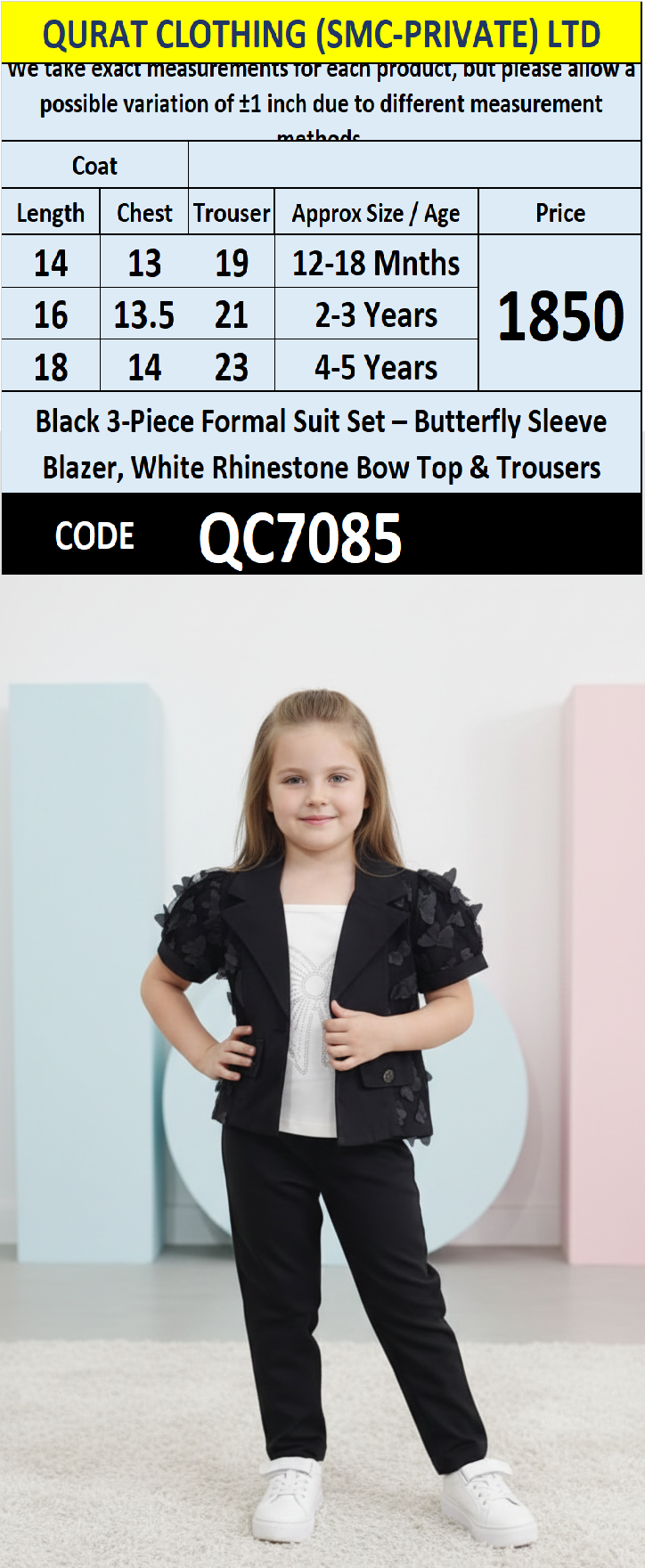 Black 3-Piece Formal Suit Set – Butterfly Sleeve Blazer, White Rhinestone Bow Top & Trousers QC7085