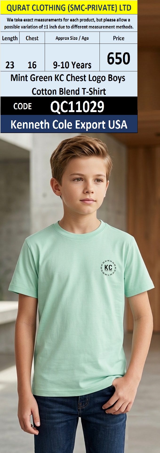 Mint Green KC Chest Logo Boys Cotton Blend T-Shirt – QC11029 – Kenneth Cole Export USA