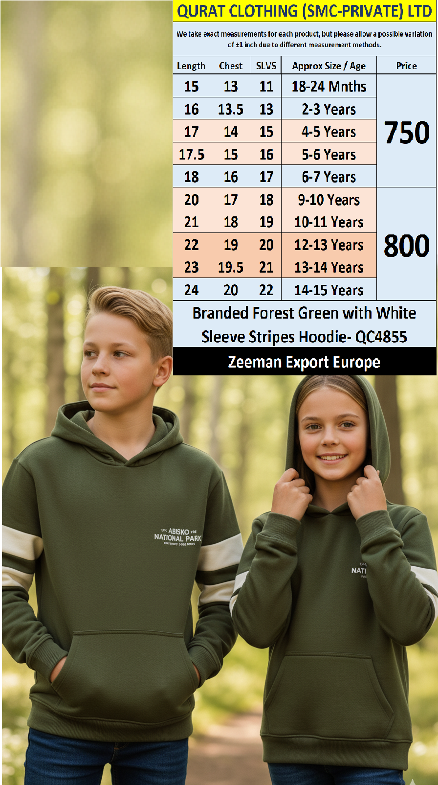 Zeeman Brand Kids Hoodie QC4855 – Forest Green with White Sleeve Stripes (Export Europe)