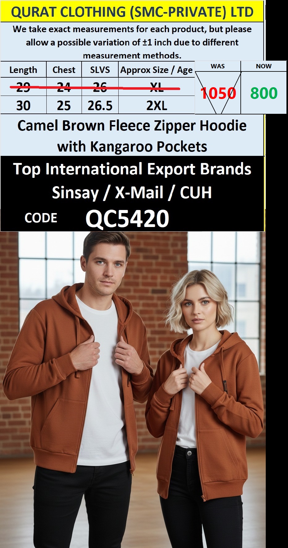 Camel Brown Fleece Zipper Hoodie with Kangaroo Pockets QC5420