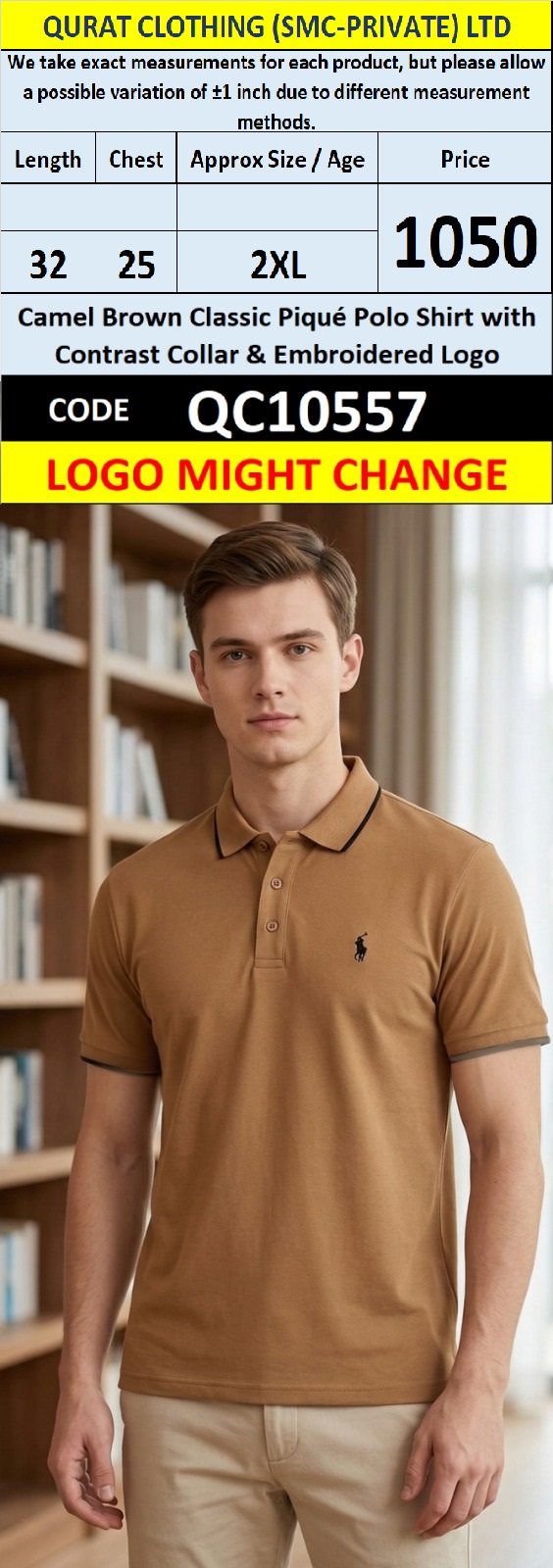 Camel Brown Classic Piqué Polo Shirt with Contrast Collar & Embroidered Logo – QC10557