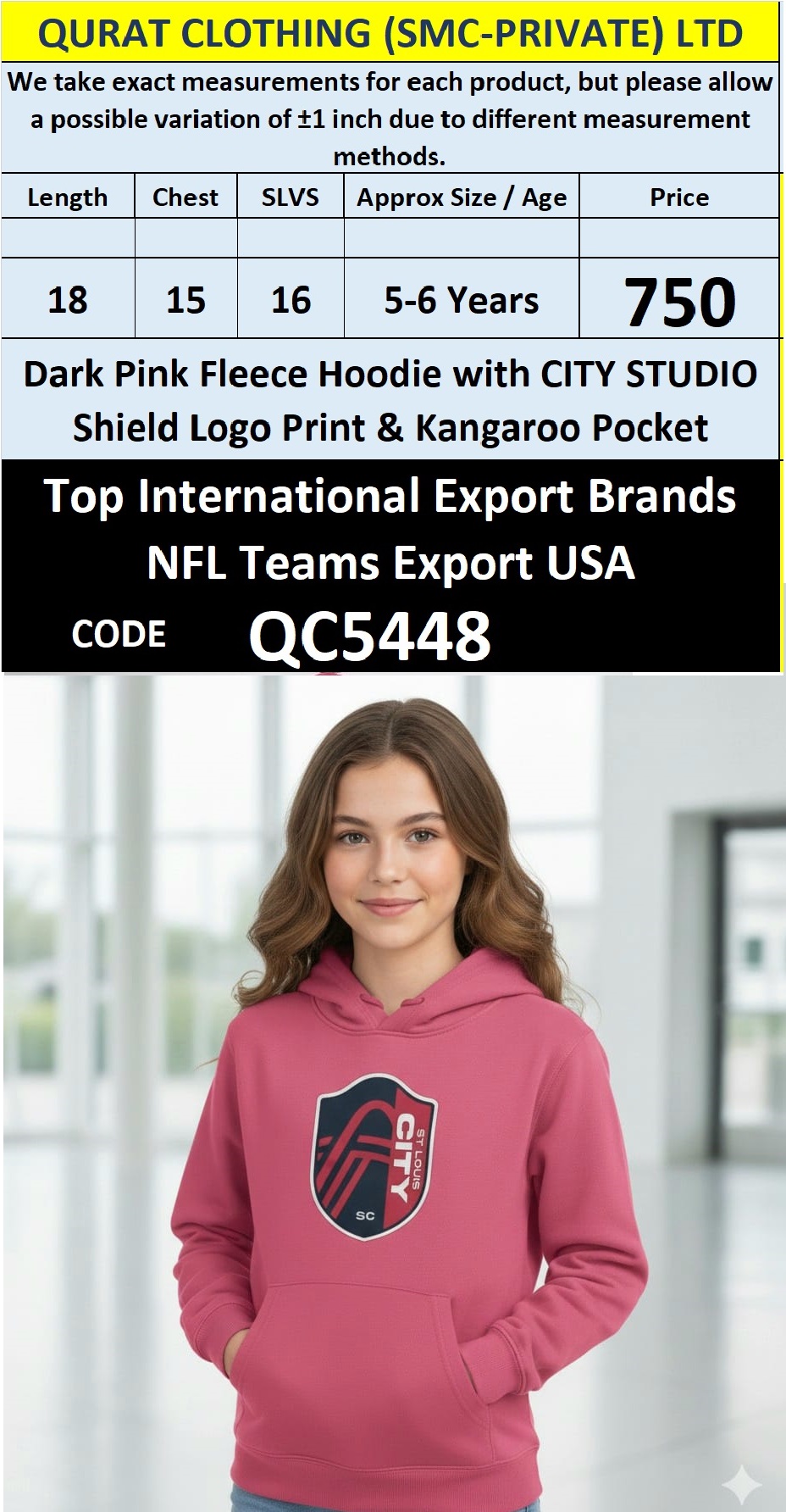 Dark Pink Fleece Hoodie CITY STUDIO Shield Logo Print with Kangaroo Pocket – Export USA – QC5448