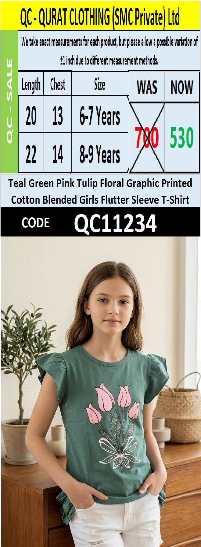 Teal Green Pink Tulip Floral Graphic Printed Cotton Blended Girls Flutter Sleeve T-Shirt QC11234