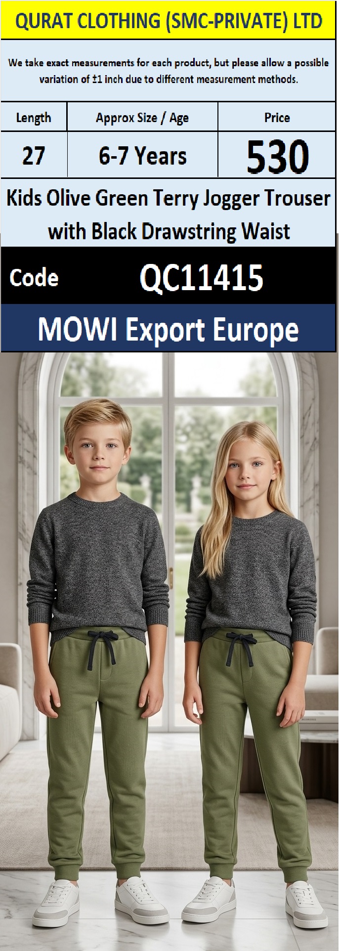 MOWI Export Europe Kids Olive Green Terry Jogger Trouser with Black Drawstring Waist – QC11415