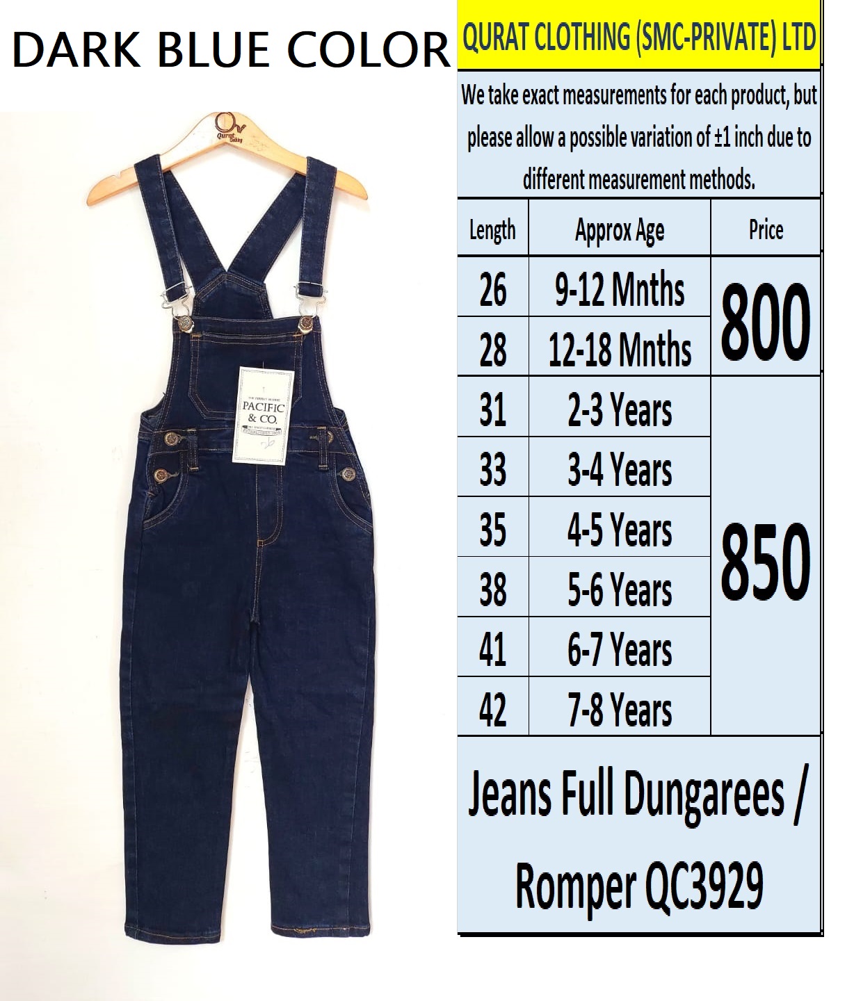 Dark Blue Jeans Full Dungarees / Romper QC3929