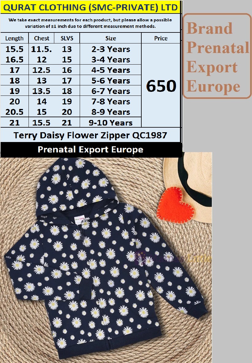 Prenatal Brand Terry Daisy Flower Zipper QC1987 Export Europe