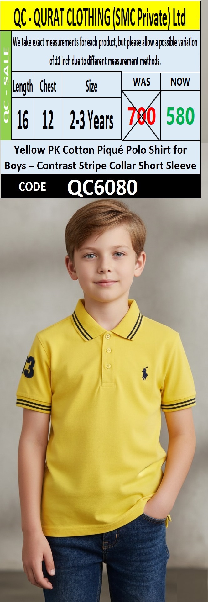Boys Yellow PK Cotton Piqué Polo Shirt with Contrast Stripe Collar Short Sleeve – Premium Smart Polo QC6080